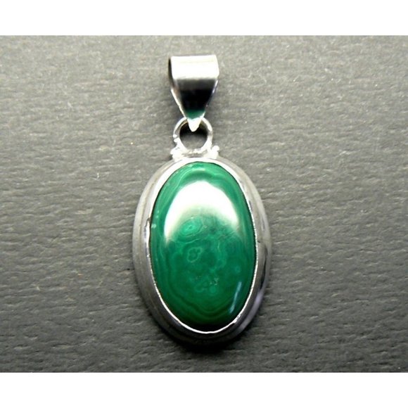 Genuine MALACHITE Sterling SILVER Cabochon Pendant - Picture 2 of 4